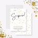 Personalized surprise birthday invitation with gold confetti and modern black script for a 60th birthday party celebration-front-back
