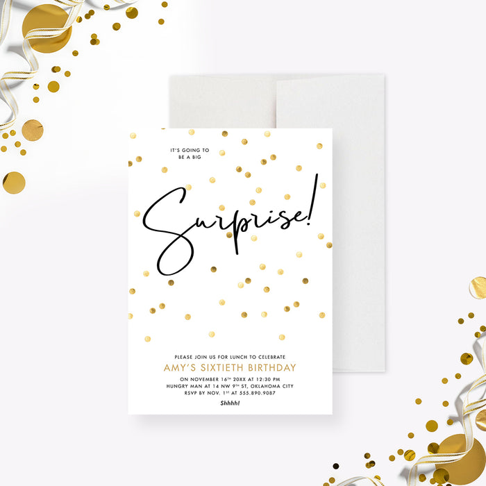 Personalized surprise birthday invitation with gold confetti and modern black script for a 60th birthday party celebration-front