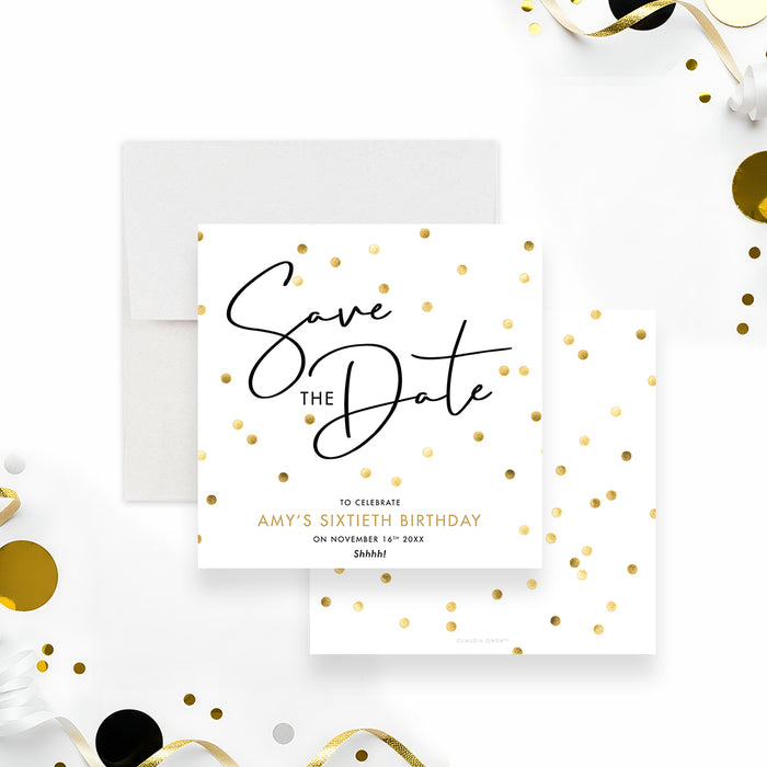 Personalized gold confetti surprise birthday save the date card with modern black script lettering and customizable birthday celebration details-front-back