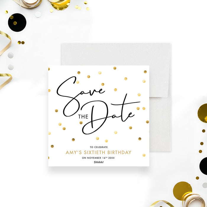 Personalized gold confetti surprise birthday save the date card with modern black script lettering and customizable birthday celebration details-front