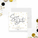 Personalized gold confetti surprise birthday save the date card with modern black script lettering and customizable birthday celebration details-front