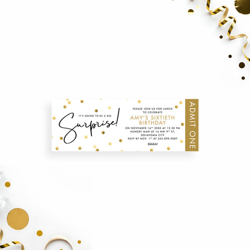 surprise birthday party ticket invitation with gold confetti, modern script lettering, admit one panel, and personalized event details
