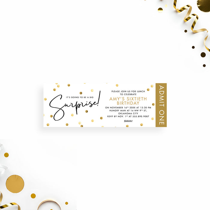 surprise birthday party ticket invitation with gold confetti, modern script lettering, admit one panel, and personalized event details