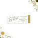 surprise birthday party ticket invitation with gold confetti, modern script lettering, admit one panel, and personalized event details