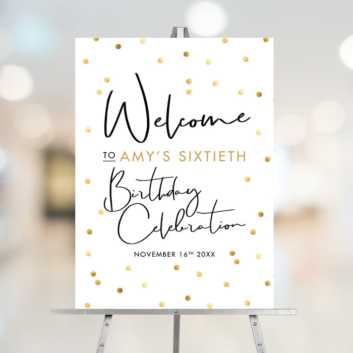 surprise birthday party welcome sign with gold confetti, modern script lettering, and personalized milestone birthday details displayed on an easel