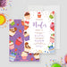 Colorful personalized Sweet 16 birthday invitation with cupcakes, sprinkles, berries, and dessert illustrations-front-back