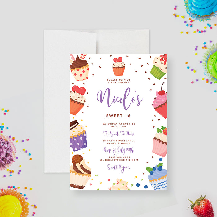 Colorful personalized Sweet 16 birthday invitation with cupcakes, sprinkles, berries, and dessert illustrations-front