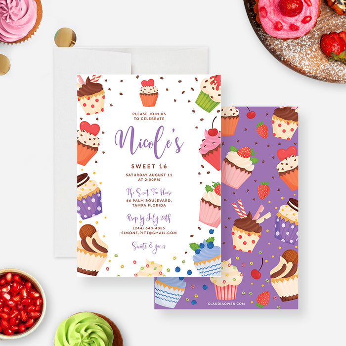 Colorful personalized Sweet 16 birthday invitation template with cupcakes, sprinkles, berries, and dessert illustrations-front-back