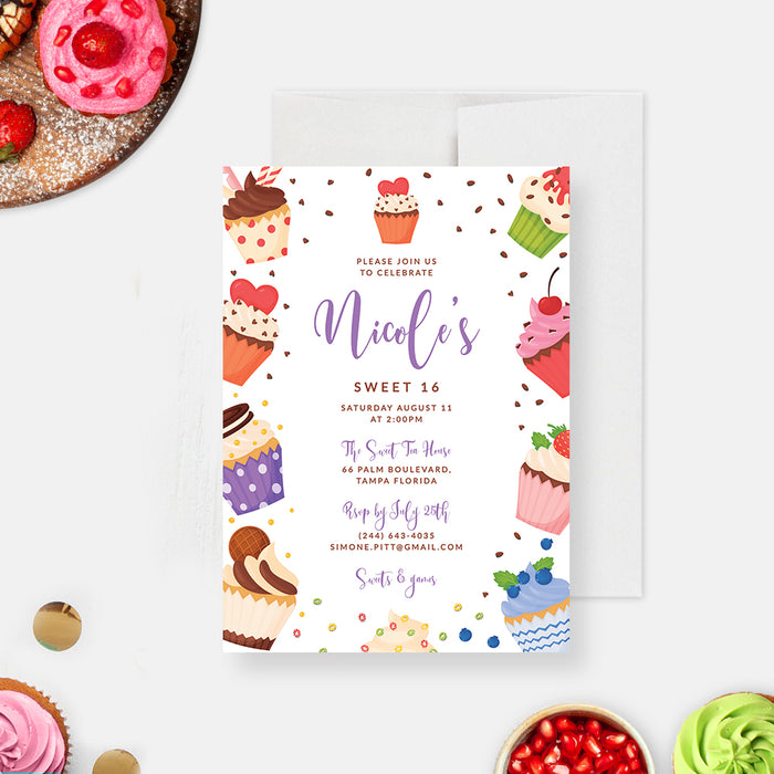 Colorful personalized Sweet 16 birthday invitation template with cupcakes, sprinkles, berries, and dessert illustrations-front