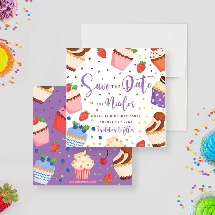 Colorful personalized Sweet 16 save the date card with cupcakes, berries, sprinkles, and dessert illustrations-front-back