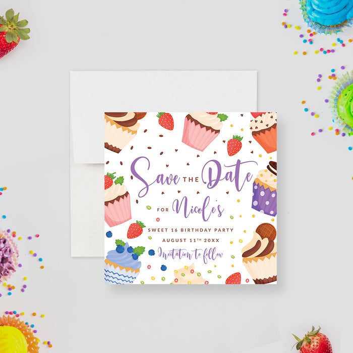 Colorful personalized Sweet 16 save the date card with cupcakes, berries, sprinkles, and dessert illustrations-front