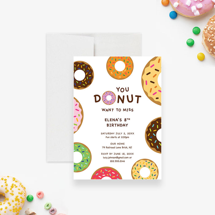 A colorful birthday invitation card with a donut theme, featuring multiple donut illustrations and the text 'You donut want to miss this' along with the birthday details.