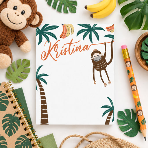 Jungle monkey thank you card featuring a playful monkey, palm trees, and bananas in a tropical kids birthday design-front