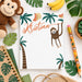 Jungle monkey thank you card featuring a playful monkey, palm trees, and bananas in a tropical kids birthday design-front
