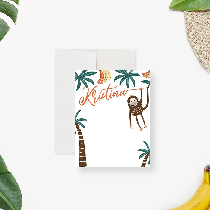 Jungle monkey thank you card featuring a playful monkey, palm trees, and bananas in a tropical kids birthday design-front