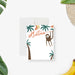 Jungle monkey thank you card featuring a playful monkey, palm trees, and bananas in a tropical kids birthday design-front