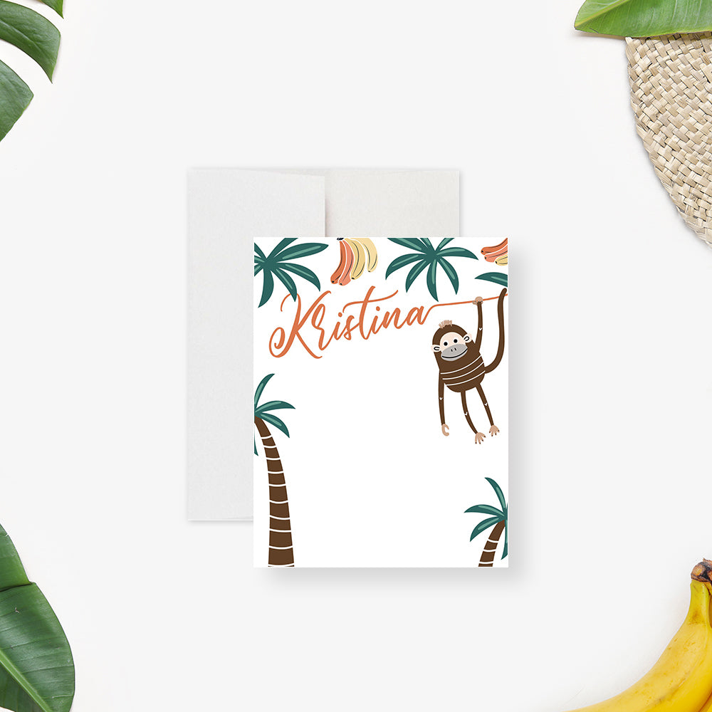 Playful Monkey Note Card with Custom Name, Personalized Animal Thank Y