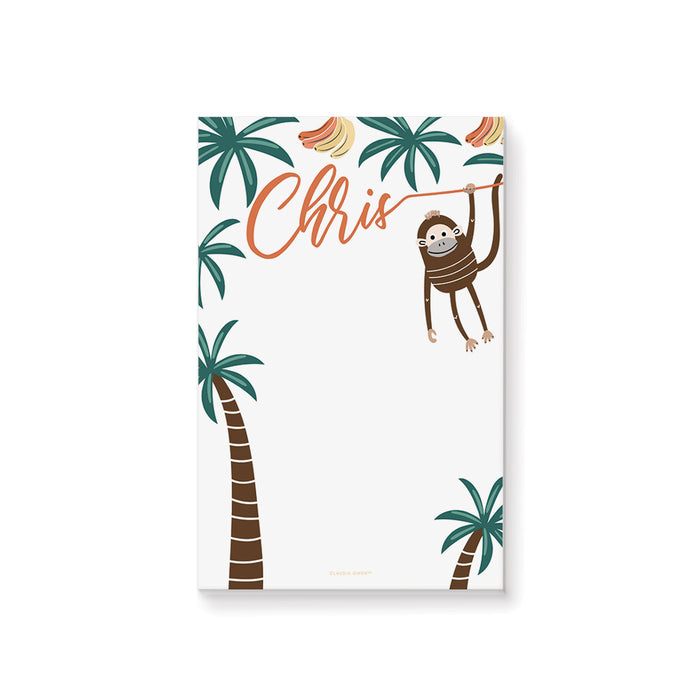 Personalized jungle notepad featuring a cute monkey hanging from a vine with palm trees and bananas in a fun kids design.