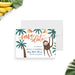 Jungle birthday save the date card featuring a playful monkey swinging from a vine with palm trees and bananas in a tropical kids party design-front