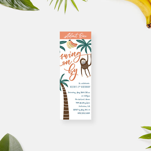 Jungle birthday ticket invitation featuring a playful monkey, palm trees, and bananas in a tropical admit one party design.