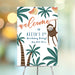 Jungle birthday welcome sign featuring a playful monkey, palm trees, and bananas for a tropical kids party entrance display.
