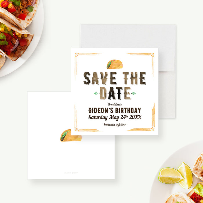 Taco-themed birthday save the date card with a taco illustration, rustic western-style text, and personalized party details-front-back
