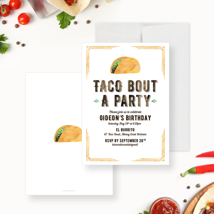 Taco birthday party invitation with a playful "Taco 'Bout a Party", watercolor taco illustration, rustic western-style text, and personalized birthday details-front-back