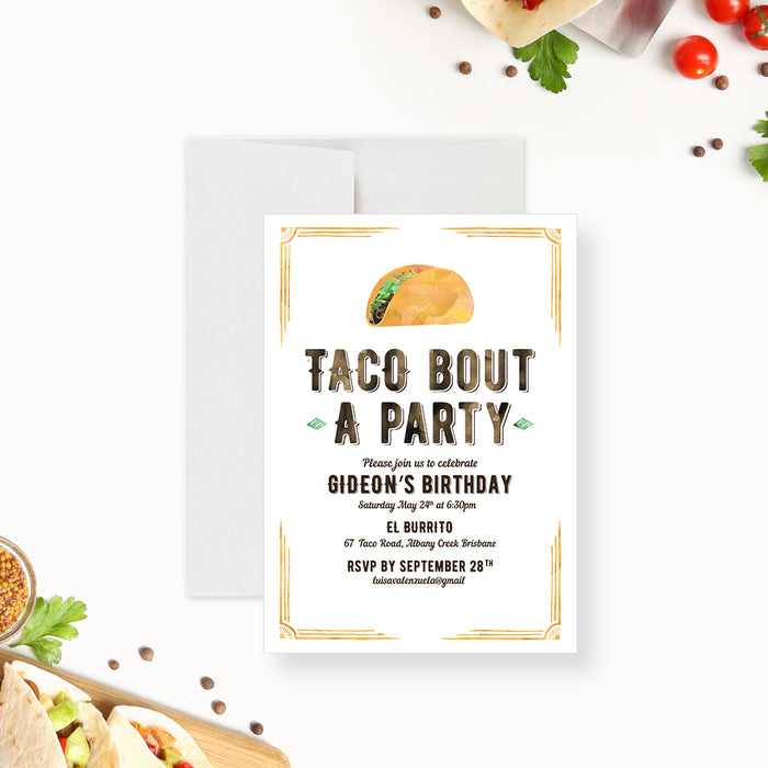 Taco birthday party invitation with a playful "Taco 'Bout a Party", watercolor taco illustration, rustic western-style text, and personalized birthday details-front