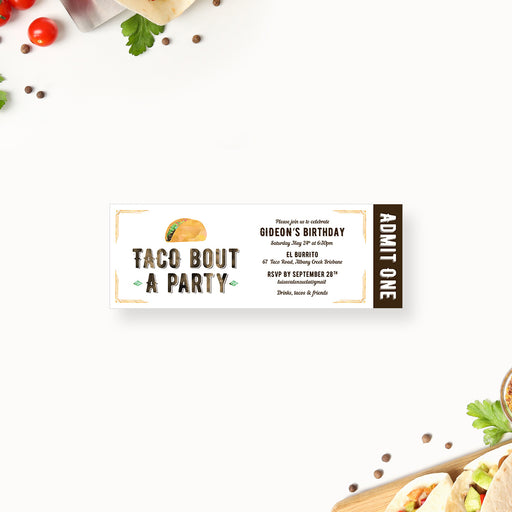 Taco-themed ticket invitation featuring a watercolor taco illustration, rustic western-style text, and personalized birthday party details