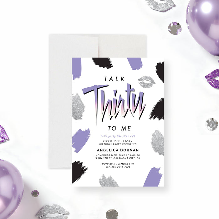 Talk Thirty to Me 30th birthday party invitation with purple, black and gray brushstrokes, lip-print accents and personalized event details-front