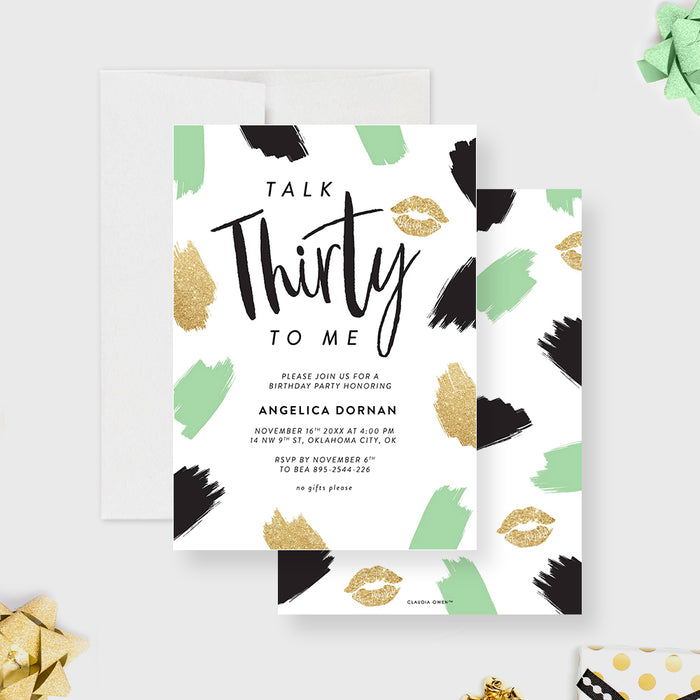 Talk Thirty To Me Invitations in Black Green and Gold, Cheeky Birthday Invitations for Adults, Fun Invites for 30th Birthday Party