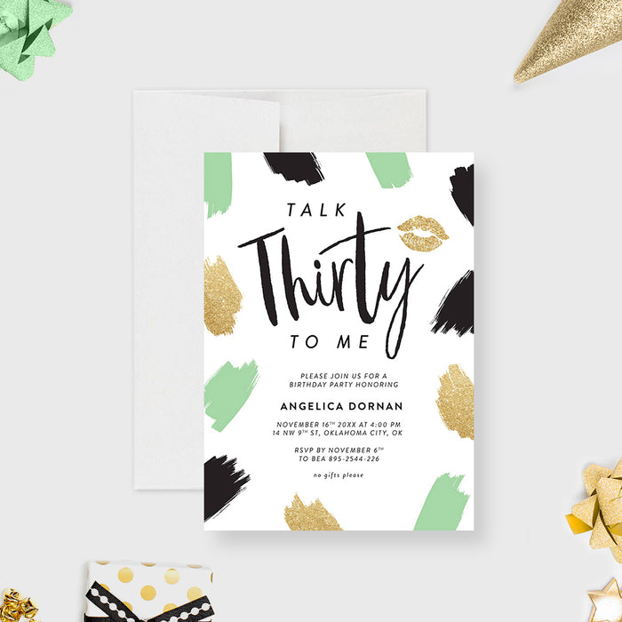 Talk Thirty To Me Invitations in Black Green and Gold, Cheeky Birthday Invitations for Adults, Fun Invites for 30th Birthday Party