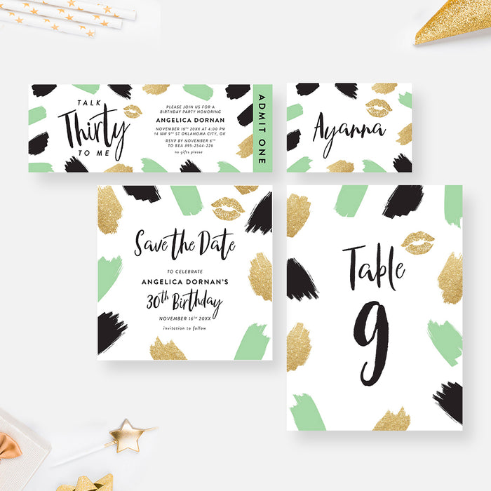 Talk Thirty To Me Invitations in Black Green and Gold, Cheeky Birthday Invitations for Adults, Fun Invites for 30th Birthday Party