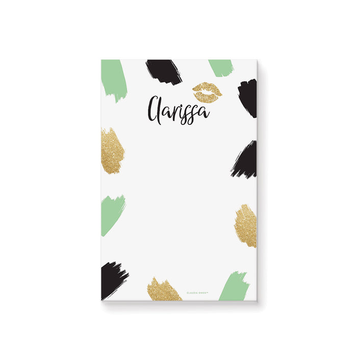 Trendy Notepad in Black Green and Gold, Chic Stationery Writing Paper Pad for Women with Kiss Mark, Personalized Cheeky Birthday Party Favor