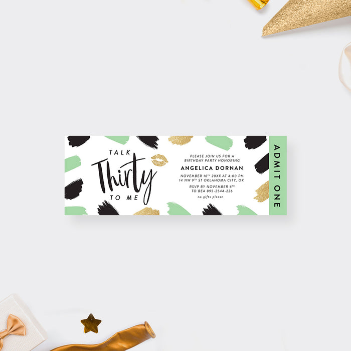 Talk Thirty To Me Ticket Invitations with Kiss Mark, Cheeky Birthday Invitations for 30th Birthday Celebration, Fun Ticket Invites