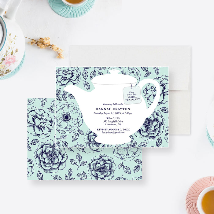 tea party bridal shower invitation with white teapot illustration, floral mint background, tea tag, and personalized bridal shower details-front-back