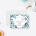 tea party bridal shower invitation with white teapot illustration, floral mint background, tea tag, and personalized bridal shower details-front