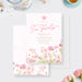 pink floral tea party invitation with elegant script lettering, watercolor flowers, teapot icon, and personalized party details-front-back