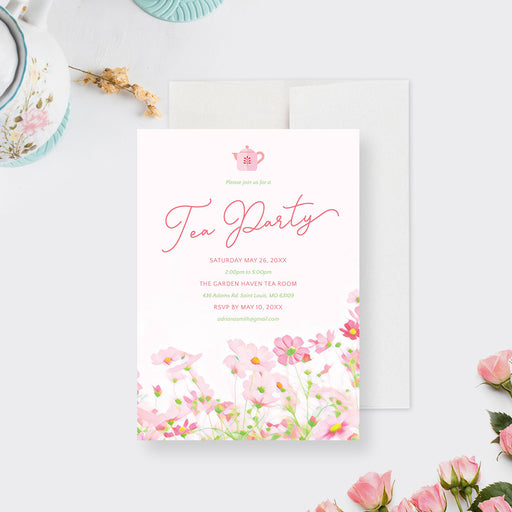 pink floral tea party invitation with elegant script lettering, watercolor flowers, teapot icon, and personalized party details-front
