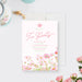 pink floral tea party invitation with elegant script lettering, watercolor flowers, teapot icon, and personalized party details-front