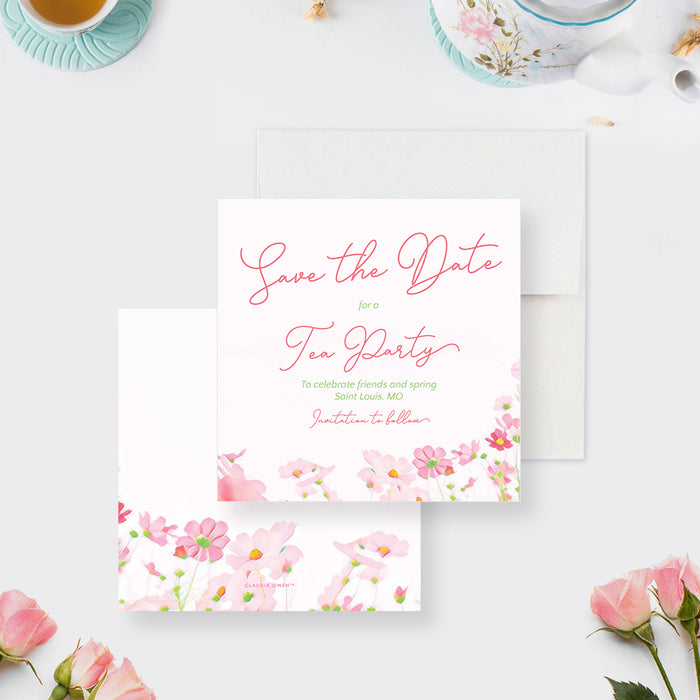 pink floral tea party save the date card with elegant script lettering, watercolor flowers, and personalized event details-front-back