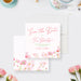 pink floral tea party save the date card with elegant script lettering, watercolor flowers, and personalized event details-front-back