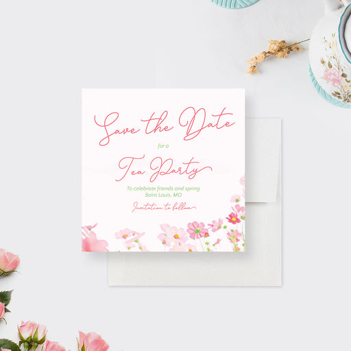 pink floral tea party save the date card with elegant script lettering, watercolor flowers, and personalized event details-front