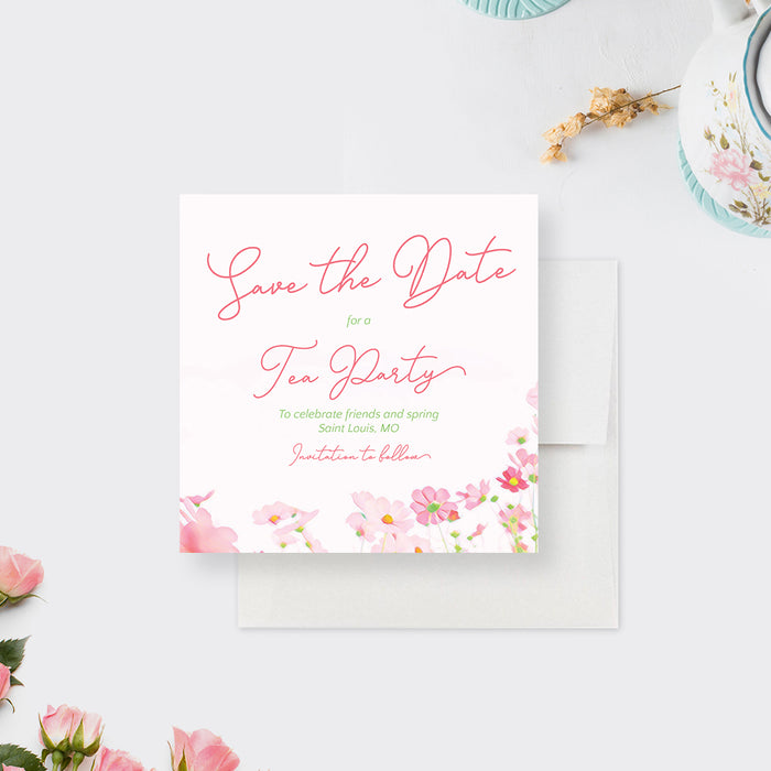 pink floral tea party save the date card with elegant script lettering, watercolor flowers, and personalized event details-front