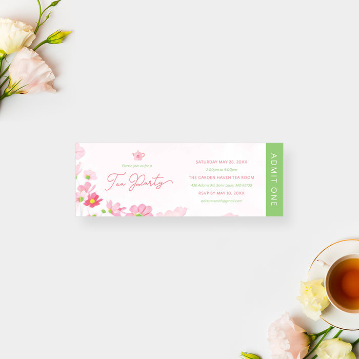 pink floral tea party ticket invitation with elegant script lettering, watercolor flowers, teapot icon, admit one panel, and personalized party details