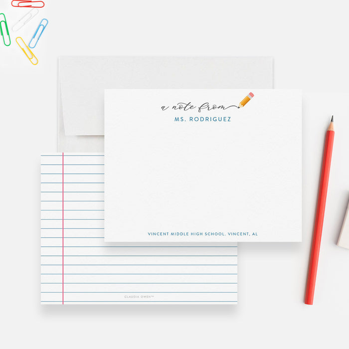 Personalized teacher note cards with pencil illustration designed by Claudia Owen