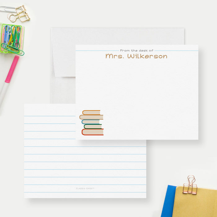 Teacher personalized note cards featuring a stack of books
