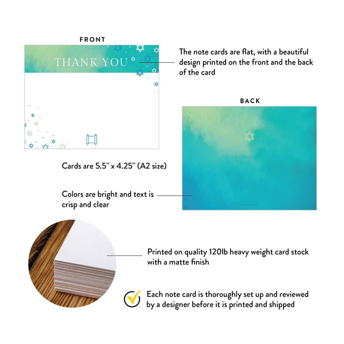 Front and back of teal bar and bat mitzvah thank you cards showing A2 dimensions and matte cardstock details.