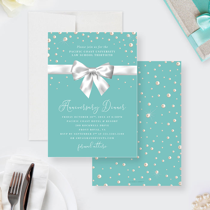teal business anniversary dinner invitation with pearl accents, white bow design, and formal corporate event details-front-back