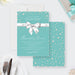 teal business anniversary dinner invitation with pearl accents, white bow design, and formal corporate event details-front-back